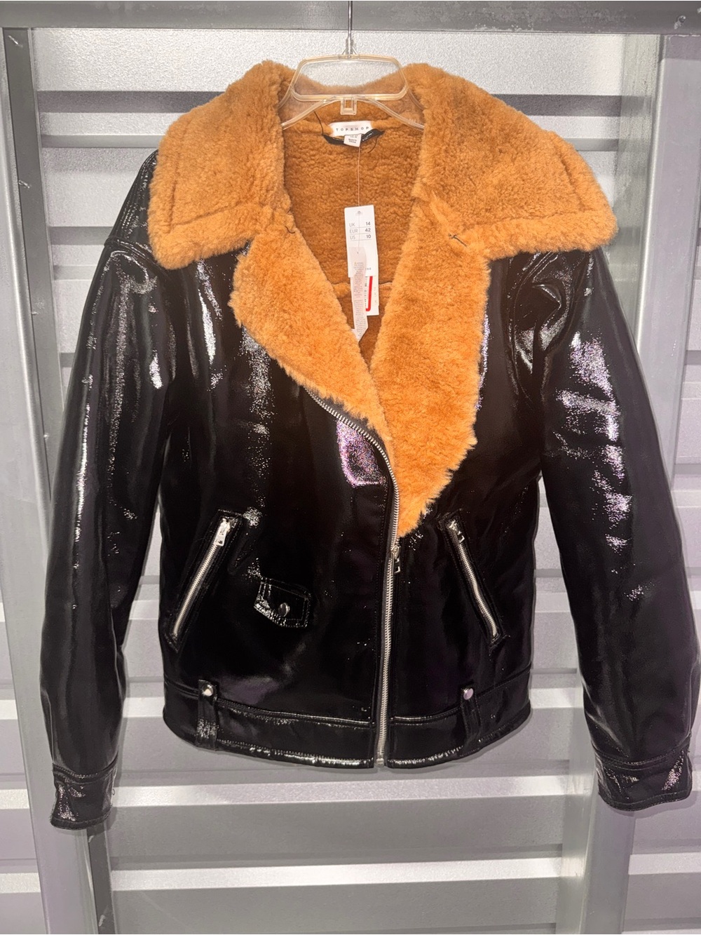 Topshop Black Patent Jacket with Tan Teddy Collar Faux fur SIZE US10